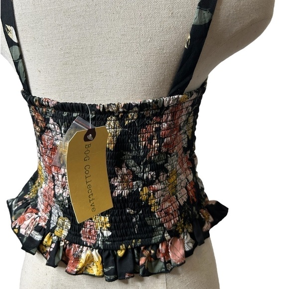 Band of Gypsies Collective Black Floral Cami Smocked Crop Top Size Large - Picture 9 of 14